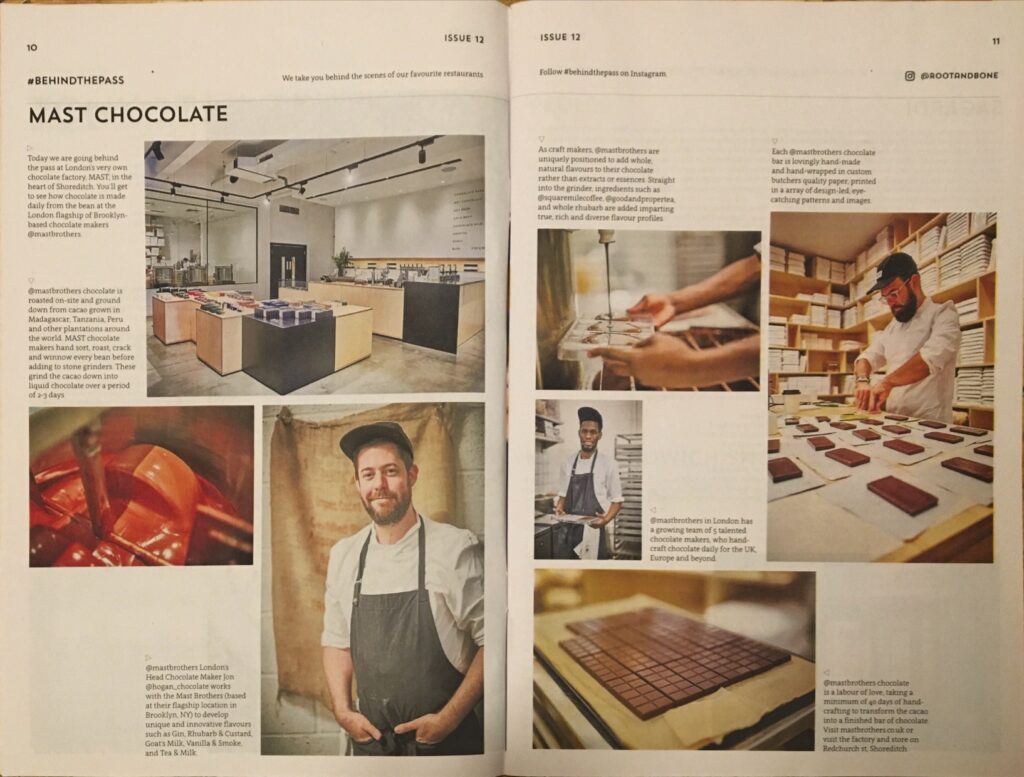 article about a london chocolate factory in print magazine root + bone, london
