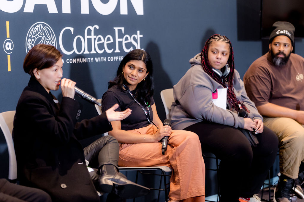 conversation corner panel discussions at coffee fest with anita tam, slowpour supply, ian williams, deadstock coffee, anu menon, driftaway coffee. new york 2024